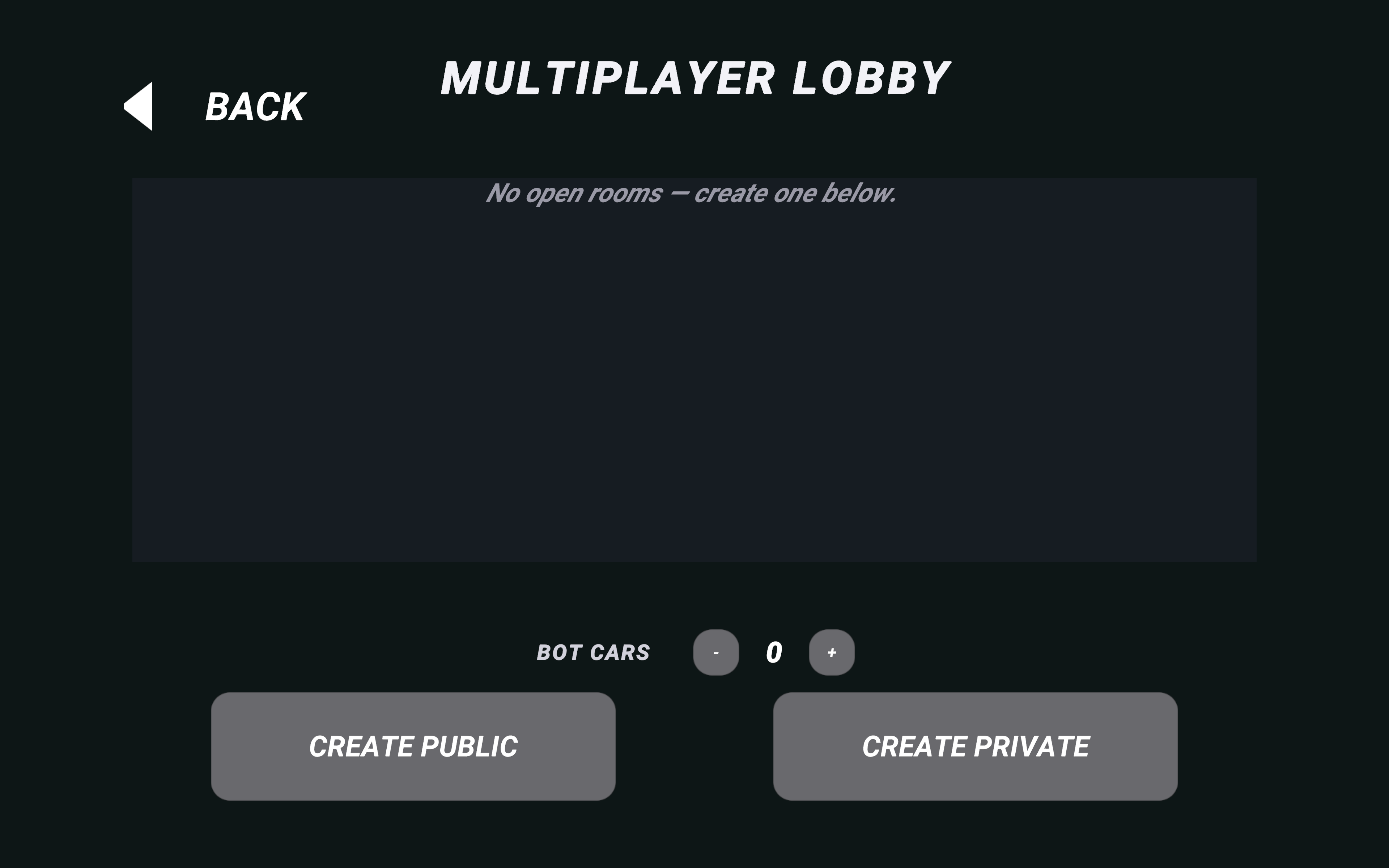 The multiplayer lobby with room list, bot car selector and create room buttons